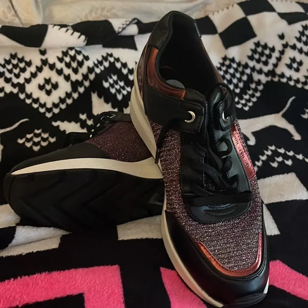 Michael kors georgie wedge trainers /sneakers black pink red glitter bling